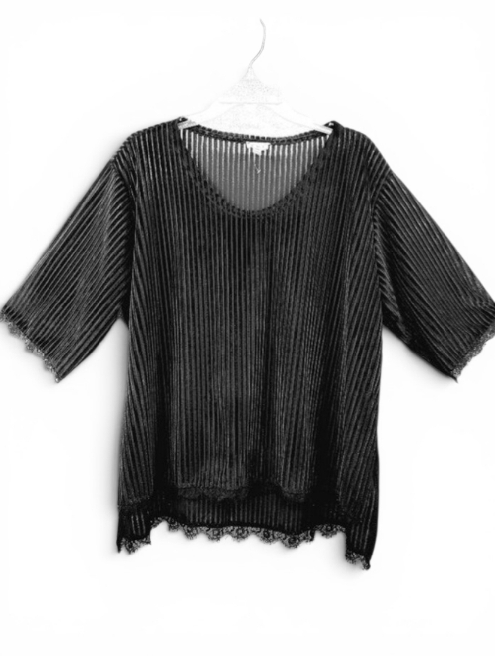 POL Velvet Burnout Striped Top Sz M Black Lace Trim Oversize High Low Whimsygoth